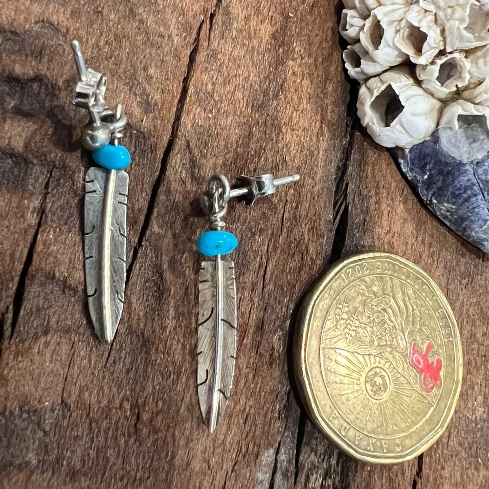 Native American Navajo Earrings Blue Turqoise Feathers Dangle Sterling Nuggets